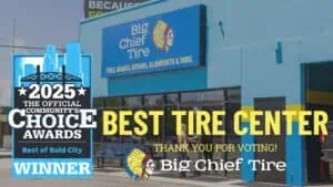 BCB Winners Badge and voted best tire center with logo and location image in the background