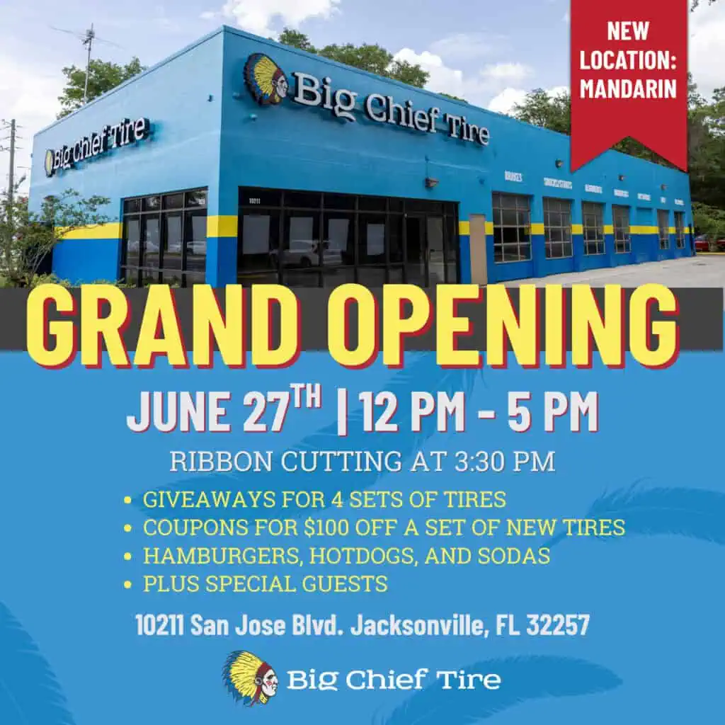 Grand Opening Pop Up" New Location: Mandarin JUNE 27TH | 12 PM - 5 PM 10211 San Jose Blvd. Jacksonville, FL 32257 GIVEAWAYS FOR 4 SETS OF TIRES COUPONS FOR $100 OFF A SET OF NEW TIRES HAMBURGERS, HOTDOGS, AND SODAS PLUS SPECIAL GUESTS RIBBON CUTTING AT 3:30 PM