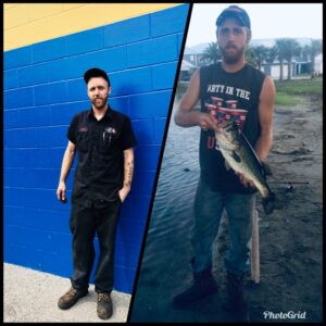 Jesse Hansen stands against a blue wall in one image and he holds a fish in the other image