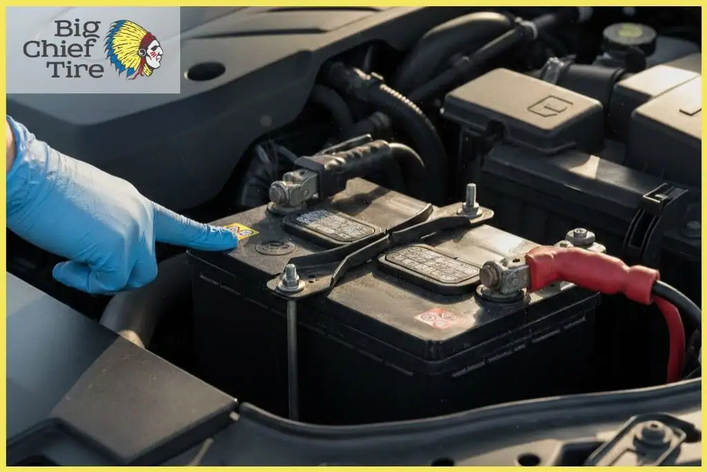 Close-up of a car battery under the hood with a technician inspecting it, highlighting the importance of battery care during Jacksonville’s hot summer months.