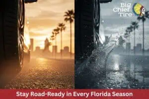 split image of car in sun and rain with text overlay that says stay road-ready in every florida season