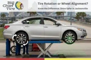 graphic showing a tire rotation versus a wheel alignment. text overlay that says "know the difference. drive safer in jacksonville"