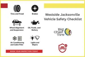 westside-jacksonville-vehicle-safety-checklist: tires & tread, brakes, wheel alignment & suspension, oil.fluids & battery, air conditioning & cabin filters, lights & wipers.